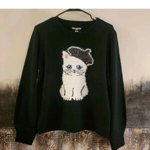 Karl Lagerfeld Black Sweater with White Cat Graphic
